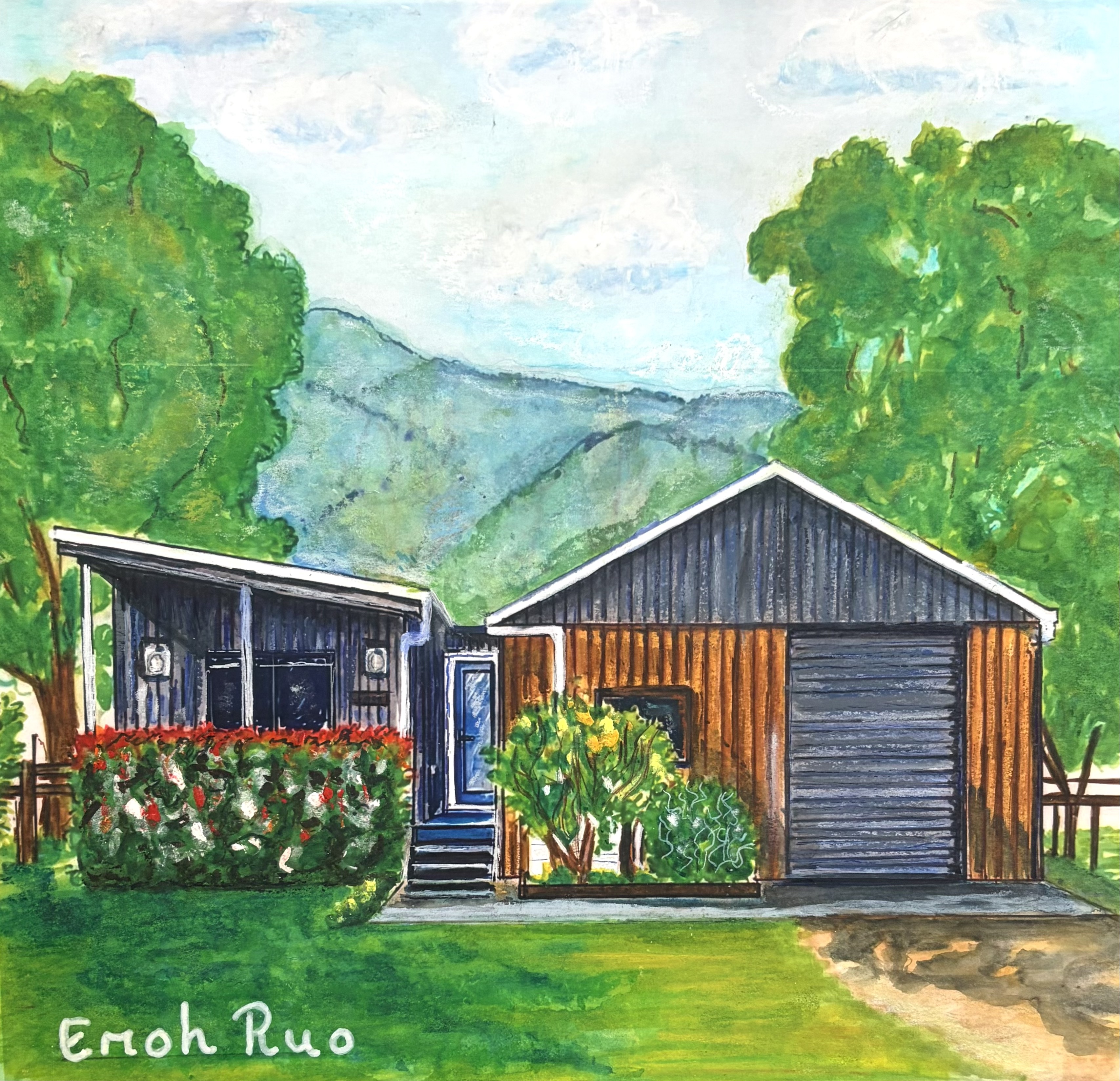 Emoh Ruo cottage and shed with mountain backdrop