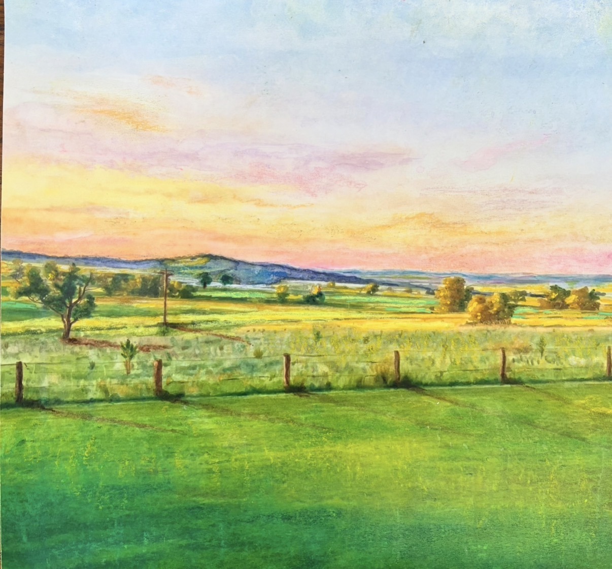 Farm paddock view at sunset with distant hills