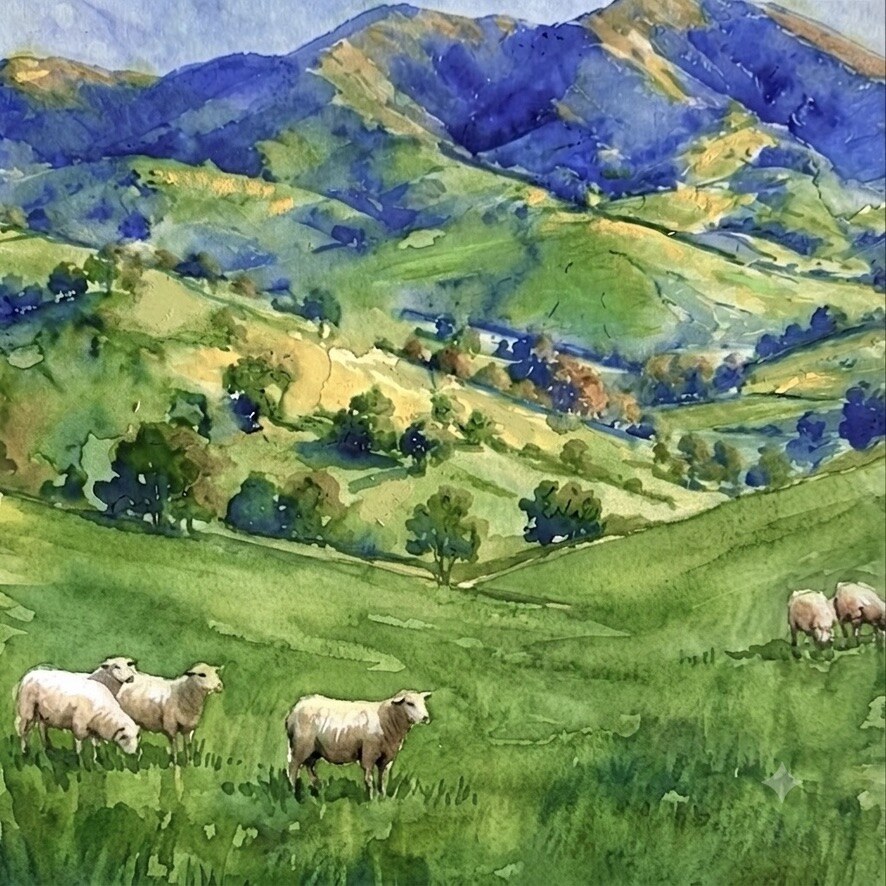 Painting of sheep grazing in a green valley