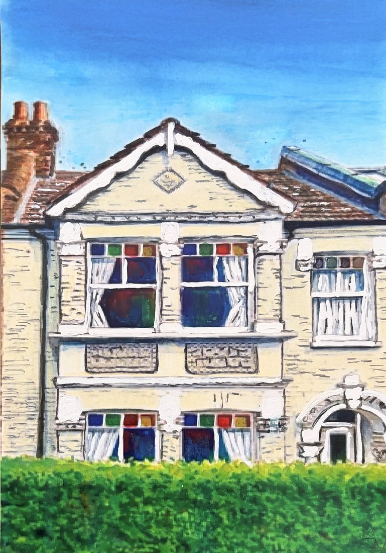 Stone terrace house with stained glass windows