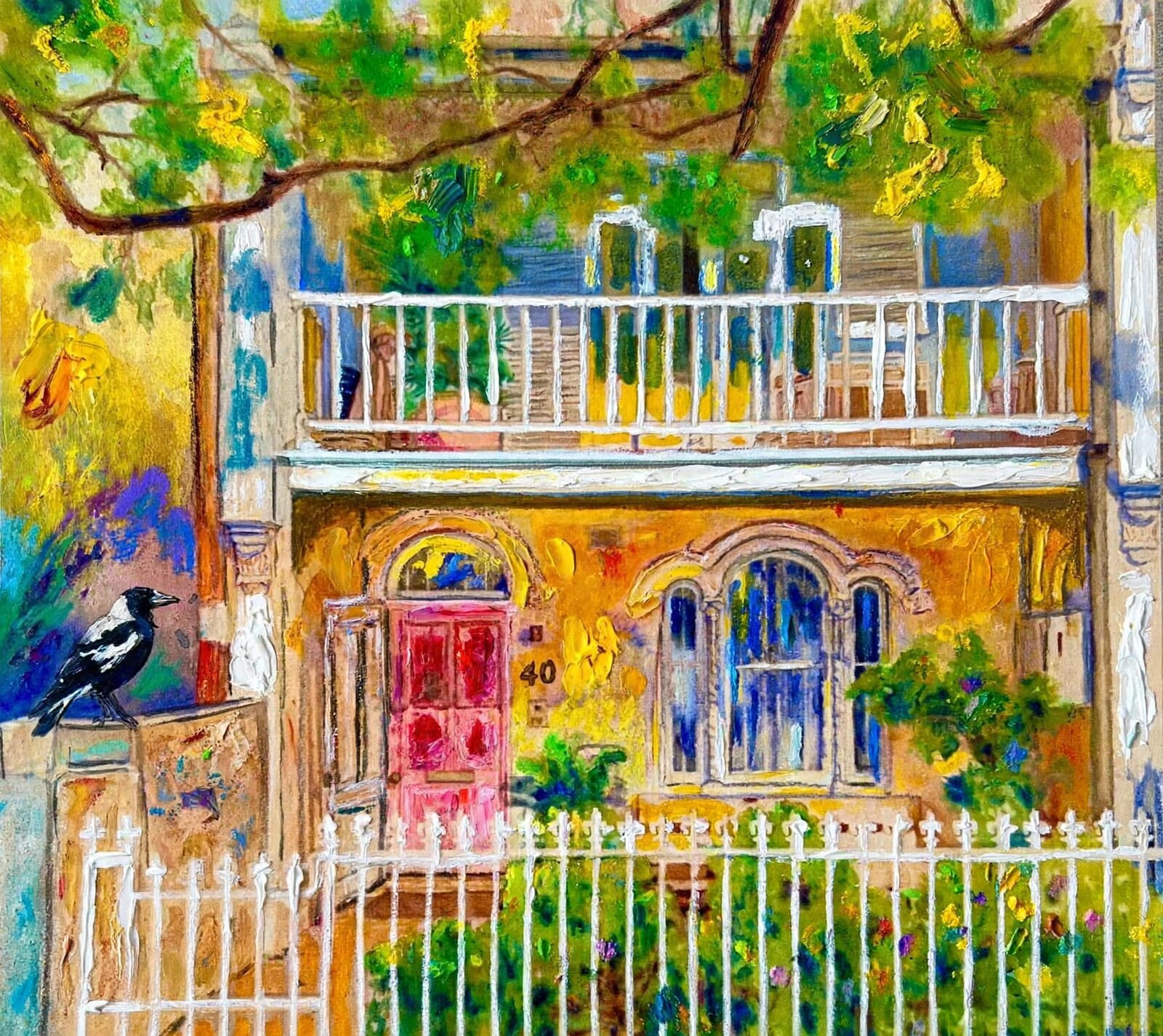 Painting of a terrace house with a pink door and magpie